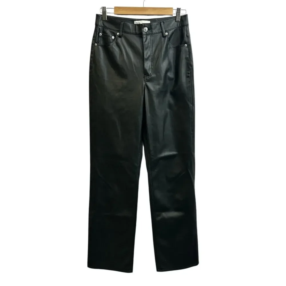 Zara Black Faux Leather High Waisted Pants Trousers USA 6 EUR 38 Pockets Goth